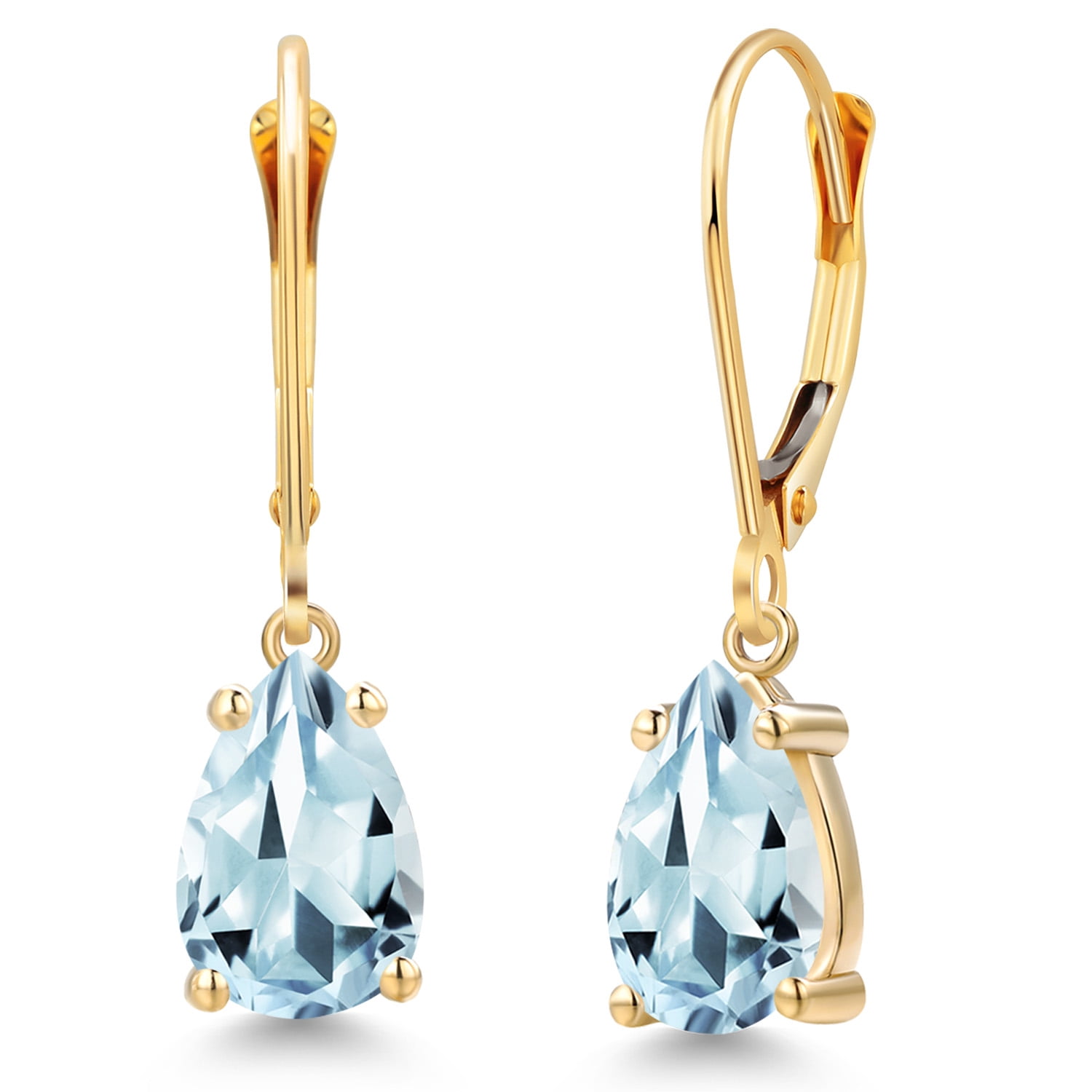 Gem Stone King 14K Yellow Gold Sky Blue Aquamarine Leverback Dangle Earrings for Women | 2.30 Cttw | Gemstone March Birthstone | Pear Shape 9X6MM