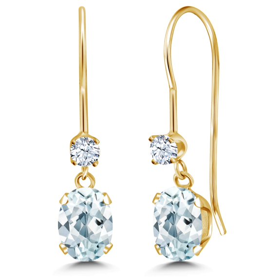 Gem Stone King 14K Yellow Gold Sky Blue Aquamarine French Wire Dangle Earrings for Women (0.96 Cttw, Gemstone March Birthstone, Oval 6X4MM and Round 2.5MM)