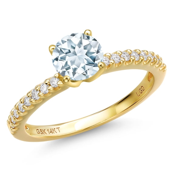 Gem Stone King 14K Yellow Gold Sky Blue Aquamarine and Lab Grown Diamond Engagement Ring for Women | 0.91 Cttw | Round 6MM | Gemstone March Birthstone | Size 7