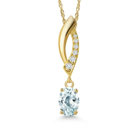 Gem Stone King 14K Yellow Gold Sky Blue Aquamarine and Lab Grown Diamond Pendant Necklace for Women | 0.53 Cttw | Gemstone March Birthstone | Oval 6X4MM | With 18 inch Chain