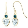 thumbnail image 1 of Gem Stone King 14K Yellow Gold Sky Blue Aquamarine and London Blue Topaz French Wire Dangle Hook Earrings for Women (1.60 Cttw, Gemstone March Birthstone, Heart 6MM, Round 3MM), 1 of 4