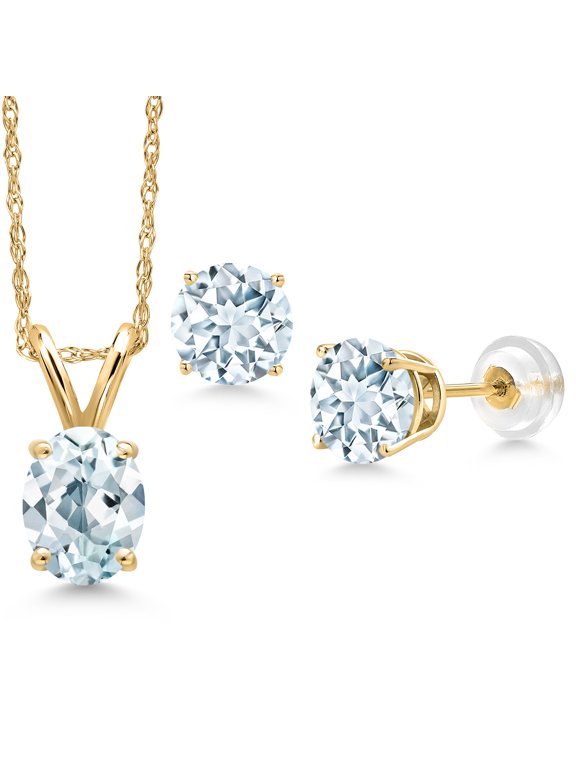 14K Yellow Gold Sky Blue Aquamarine Pendant Earrings Jewelry Set for Women | 2.70 Cttw | Gemstone March Birthstone | Oval 8X6MM | with 18 inch Chain