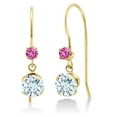 thumbnail image 1 of Gem Stone King 14K Yellow Gold Sky Blue Aquamarine and Pink Created Sapphire French Wire Dangle Hook Earrings for Women (1.10 Cttw, Gemstone March Birthstone, Round 5MM and 2.5MM), 1 of 2