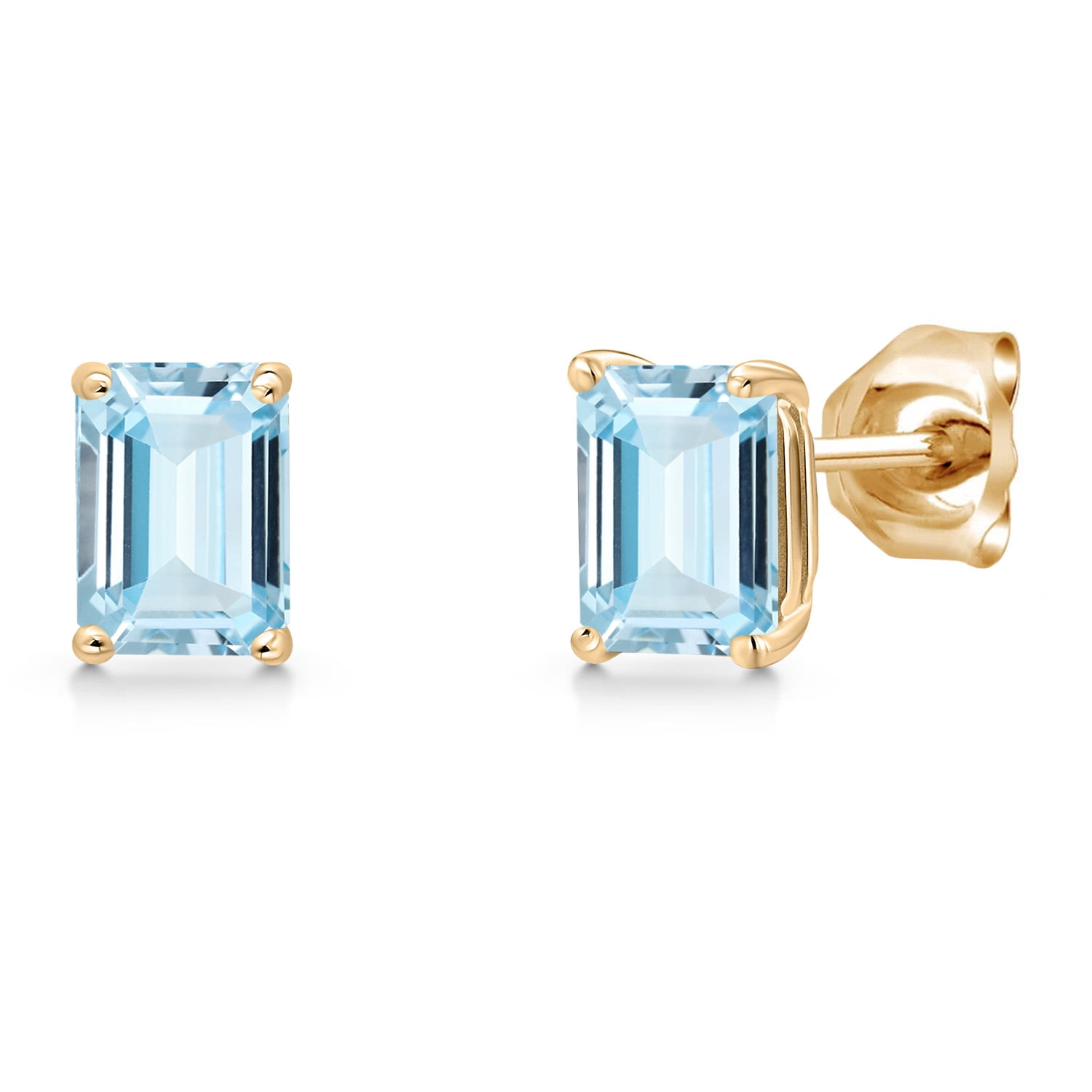 Gem Stone King 14K Yellow Gold Sky Blue Aquamarine Stud Basket Setting Earrings for Women Men | 1.00 Cttw | Gemstone March Birthstone | Emerald Cut 6X4MM | Double Notch | Gold Earrings for Women Men