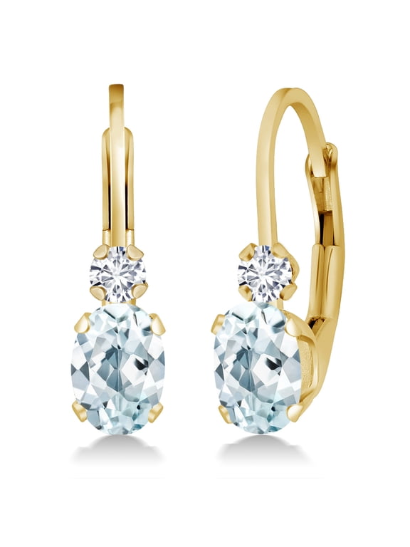 14K Yellow Gold Sky Blue Aquamarine and White Diamond Round Shape Oval 6X4MM Leverback Earrings for Women 0.93 Cttw Gemstone March Birthstone 2MM 3/4 inch