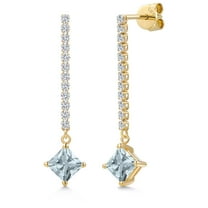 Gem Stone King 14K Yellow Gold Sky Blue Aquamarine and White Lab Grown Diamond Dangle Earrings for Women | 1.36 Cttw | Gemstone March Birthstone | Princess 5MM