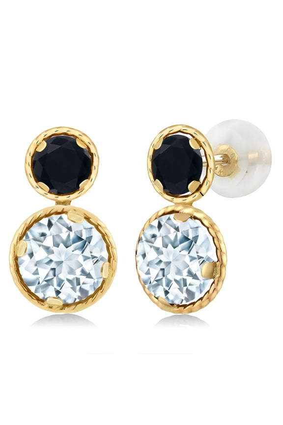 14K Yellow Gold Sky Blue Aquamarine and Black Onyx Earrings for Women (1.94 Cttw, Gemstone March Birthstone, Round Cut 6MM and 4MM)