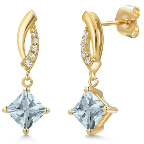 Gem Stone King 14K Yellow Gold Sky Blue Aquamarine and Lab Grown Diamond Earrings for Women | 1.05 Cttw | Gemstone March Birthstone | Princess 5MM
