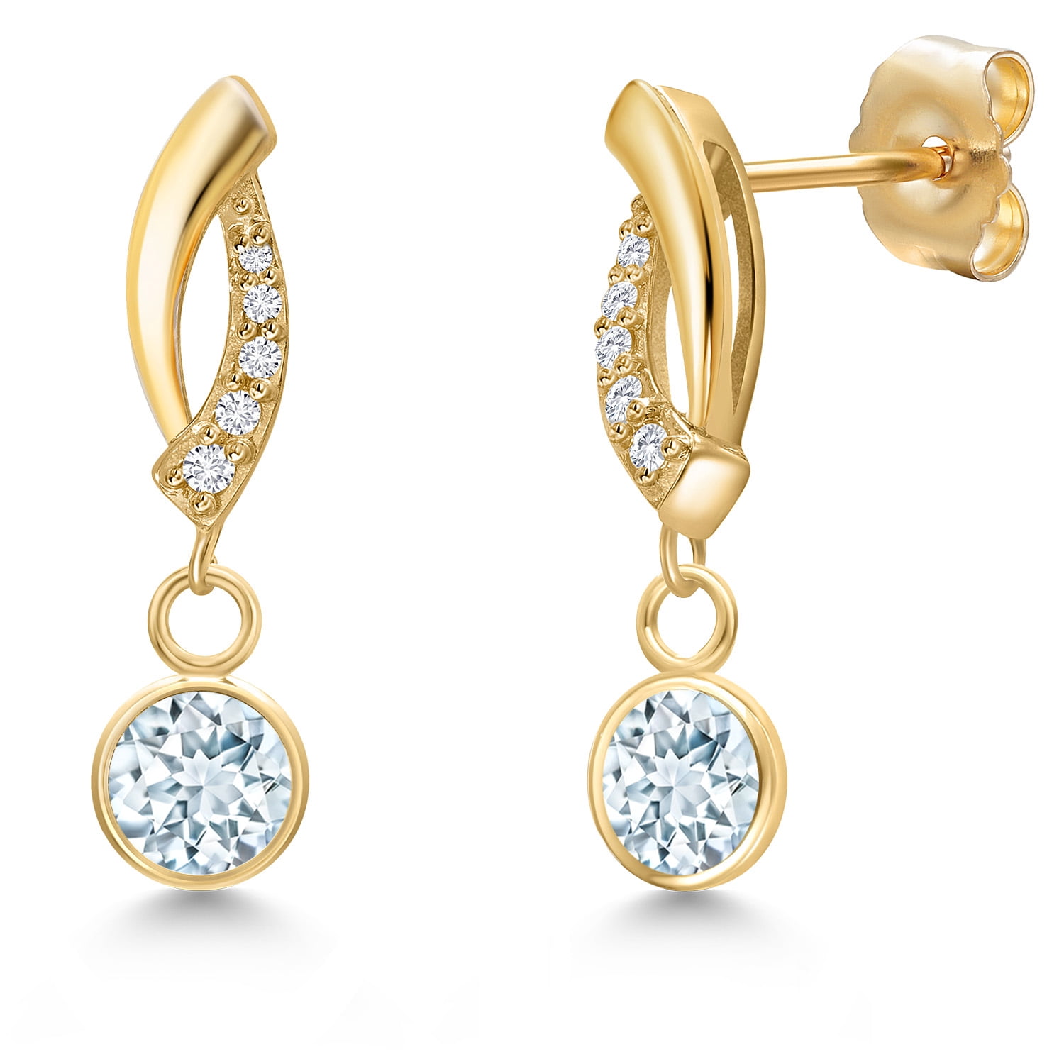Gem Stone King 14K Yellow Gold Sky Blue Aquamarine and Lab Grown Diamond Earrings for Women | 1.05 Cttw | Gemstone March Birthstone | Round 5MM
