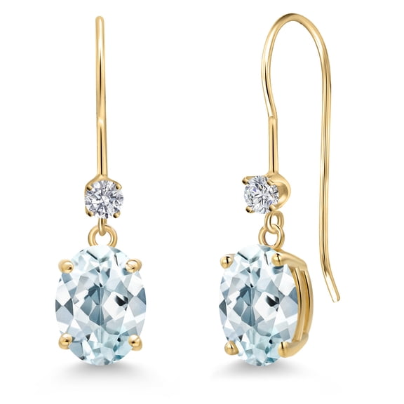 Gem Stone King 14K Yellow Gold Sky Blue Aquamarine and Lab Grown Diamond Earrings for Women | 2.53 Cttw | Gemstone March Birthstone | Oval 8X6MM
