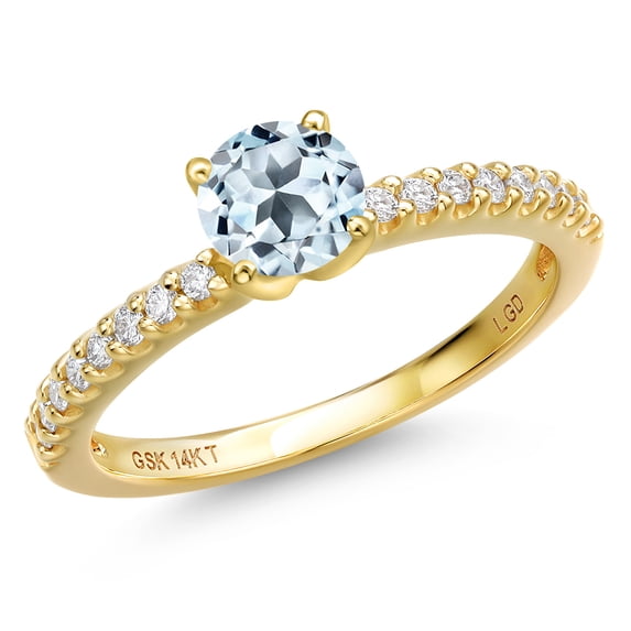 Gem Stone King 14K Yellow Gold Sky Blue Topaz and Lab Grown Diamond Engagement Ring for Women | 0.86 Cttw | Round 5MM | Gemstone November Birthstone | Size 5