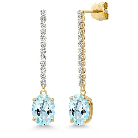 Gem Stone King 14K Yellow Gold Sky Blue Topaz and Lab Grown Diamond Dangle Earrings for Women | 4.36 Cttw | Gemstone November Birthstone | Oval 9X7MM