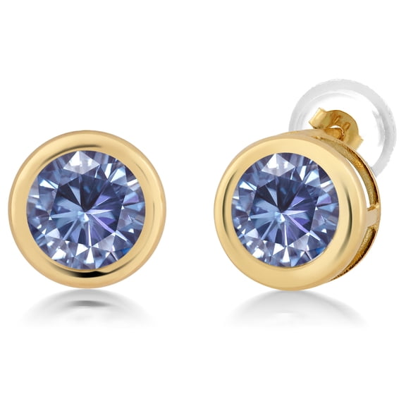 Gem Stone King 14K Yellow Gold Stud Earrings for Women Men Persian Blue Round Moissanite (1.60 Cttw)