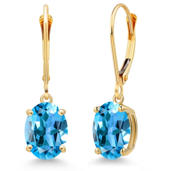 Gem Stone King 14K Yellow Gold Swiss Blue Topaz Earrings for Women | 4.50 Cttw | Gemstone November Birthstone | Oval 9X7MM