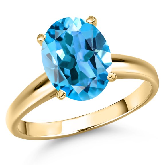 Gem Stone King 14K Yellow Gold Swiss Blue Topaz Engagement Ring for Women | 6.30 Cttw | Oval 12X10MM | Gemstone November Birthstone | Size 9