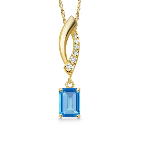 Gem Stone King 14K Yellow Gold Swiss Blue Topaz and Lab Grown Diamond Pendant Necklace for Women | 0.73 Cttw | Gemstone November Birthstone | Octagon 6X4MM | With 18 inch Chain