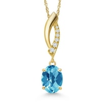 Gem Stone King 14K Yellow Gold Swiss Blue Topaz and Lab Grown Diamond Pendant Necklace for Women | 1.33 Cttw | Gemstone November Birthstone | Oval Checkerboard 8X6MM | With 18 inch Chain