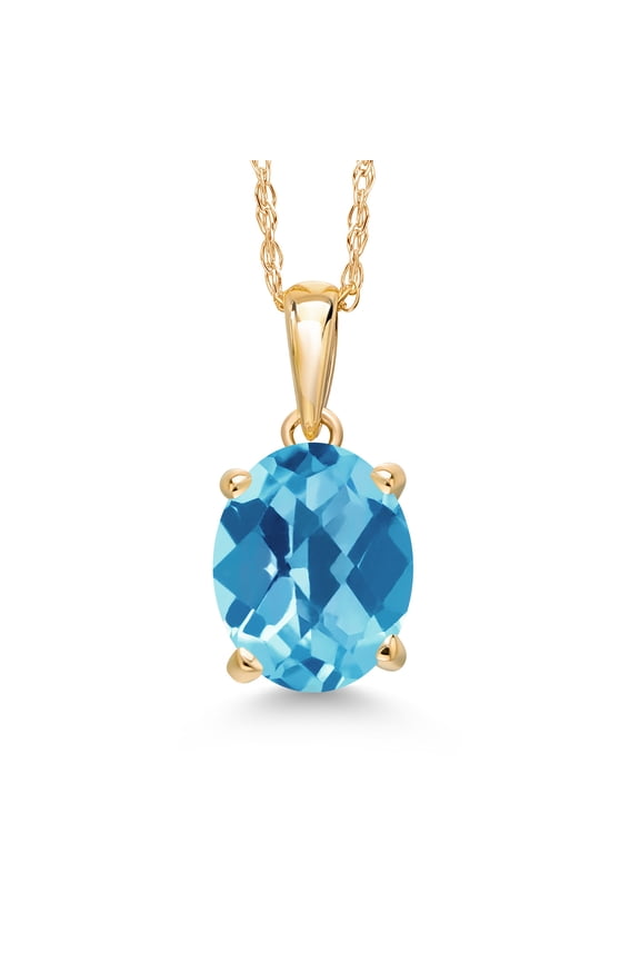 14K Yellow Gold Swiss Blue Topaz Pendant Necklace | 2.25 Cttw | Gemstone November Birthstone | Oval Checkerboard 9X7MM | Gold Necklace for Women | With 18 inch Gold Chain