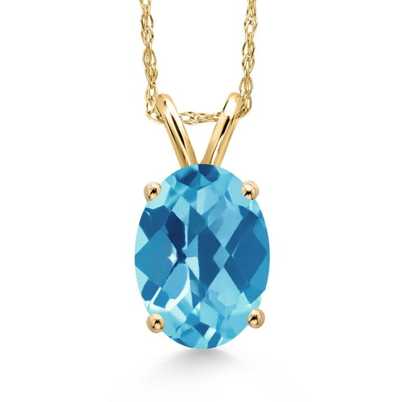 Gem Stone King 14K Yellow Gold Swiss Blue Topaz Pendant Necklace for Women | 2.25 Cttw | Gemstone November Birthstone | Oval Checkerboard 9X7MM | With 18 inch Chain