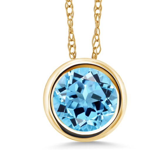 Gem Stone King 14K Yellow Gold Swiss Blue Topaz Pendant Necklace for Women (0.90 Cttw, Gemstone November Birthstone, Round 6MM, with 18 inch Chain)