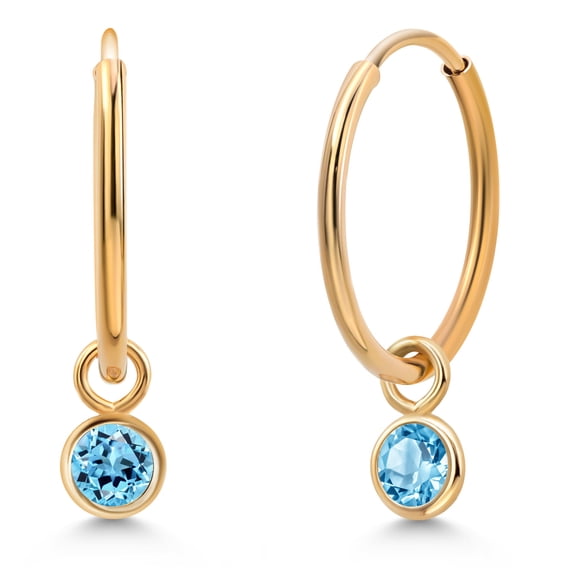 Gem Stone King 14K Yellow Gold Swiss Blue Topaz Snap Closure Continuous Endless Drop Dangle Hoop Earrings for Women (0.30 Cttw, Round 3MM)