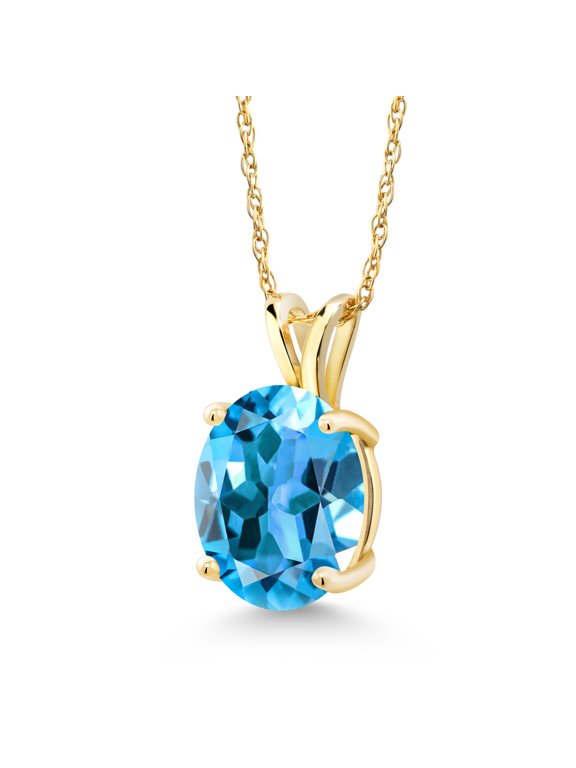 14K Yellow Gold Swiss Blue Topaz Solitaire Pendant Necklace for Women | 3.20 Cttw | Gemstone November Birthstone | Oval 10X8MM | with 18 inch Silver Chain