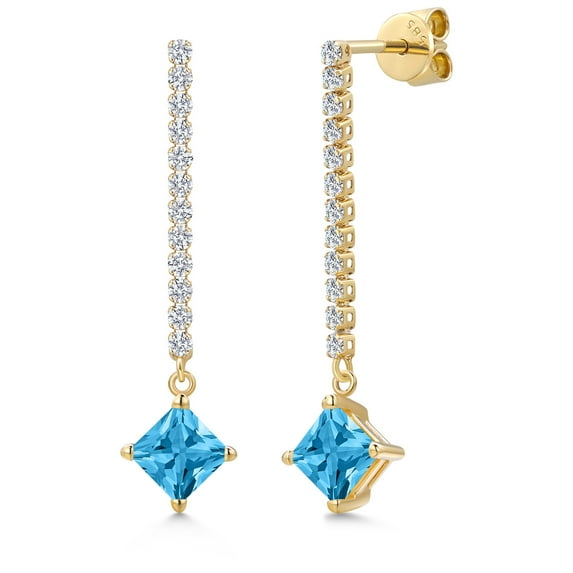 Gem Stone King 14K Yellow Gold Swiss Blue Topaz and White Lab Grown Diamond Dangle Earrings for Women | 1.96 Cttw | Gemstone November Birthstone | Princess 5MM