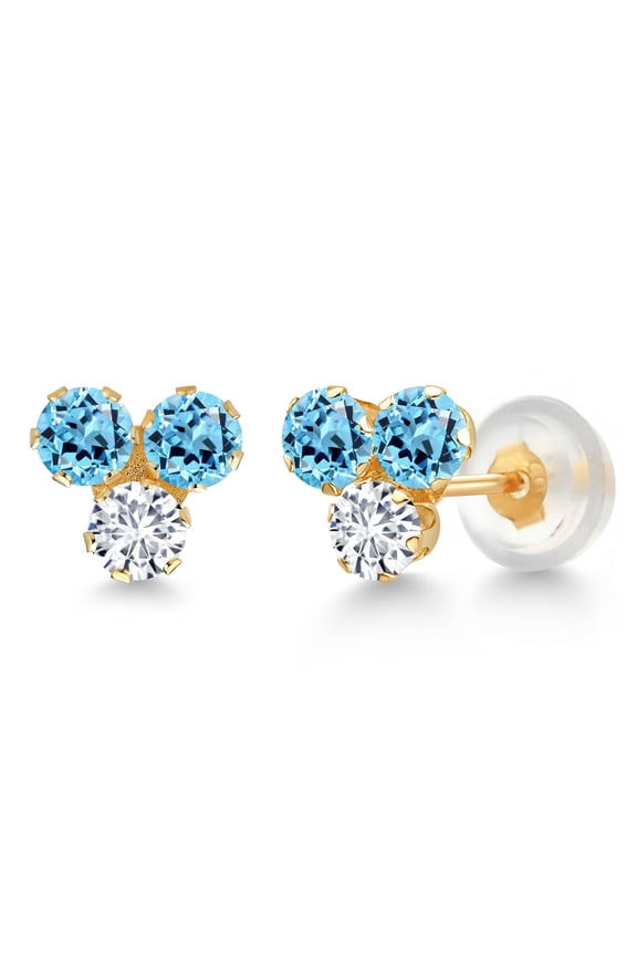 14K Yellow Gold Swiss Blue Topaz and White Lab Grown Diamond Three Stone Stud Earrings for Women (0.80 Cttw, Gemstone November Birthstone, Round 3MM)