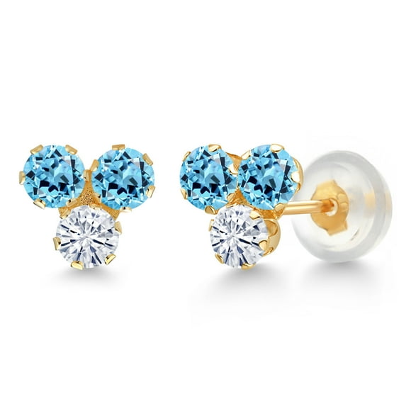 Gem Stone King 14K Yellow Gold Swiss Blue Topaz and White Moissanite Three Stone Stud Earrings for Women (0.80 Cttw, Gemstone November Birthstone, Round 3MM)
