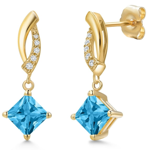 Gem Stone King 14K Yellow Gold Swiss Blue Topaz and Lab Grown Diamond Earrings for Women | 1.65 Cttw | Gemstone November Birthstone | Princess 5MM