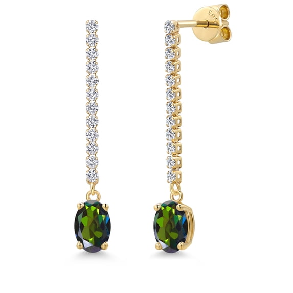 Gem Stone King 14K Yellow Gold Tourmaline Green Mystic Topaz and Lab Grown Diamond Dangle Earrings for Women | 1.96 Cttw | Gemstone November Birthstone | Oval 7X5MM