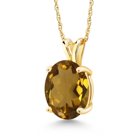Gem Stone King 14K Yellow Gold Whiskey Quartz Pendant Necklace for Women (3.00 Cttw, Gemstone Birthstone, Oval 11X9MM, With 18 inch Chain)