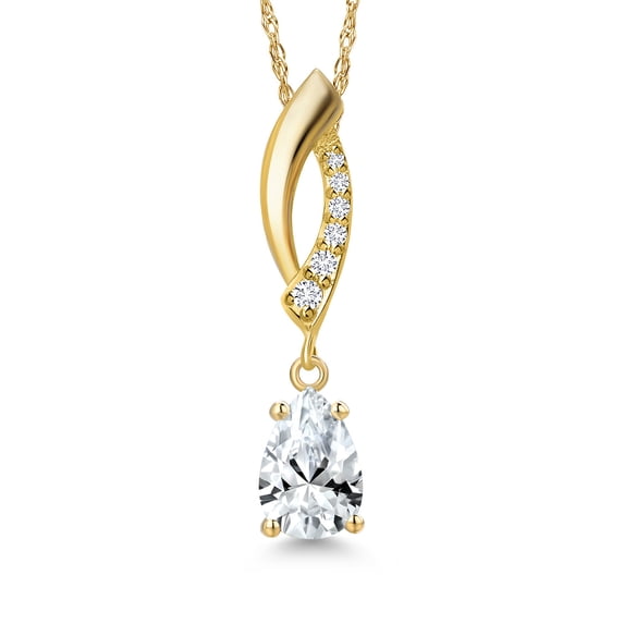 Gem Stone King 14K Yellow Gold White Created Sapphire and Lab Grown Diamond Pendant Necklace for Women | 1.03 Cttw | Gemstone September Birthstone | Pear Shape 7X5MM | With 18 inch Chain