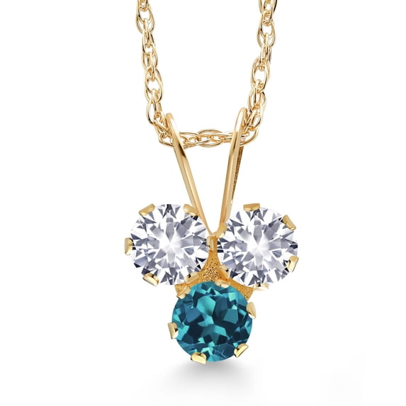 Gem Stone King 14K Yellow Gold White Created Sapphire and London Blue Topaz 3-Stone Pendant Necklace for Women (0.39 Cttw, Gemstone September Birthstone, Round 3MM, 18 inch Chain)