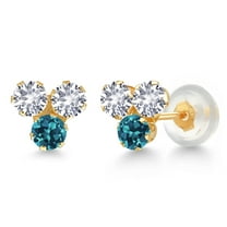 Gem Stone King 14K Yellow Gold White Created Sapphire and London Blue Topaz Three Stone Stud Earrings for Women (0.78 Cttw, Gemstone September Birthstone, Round 3MM)