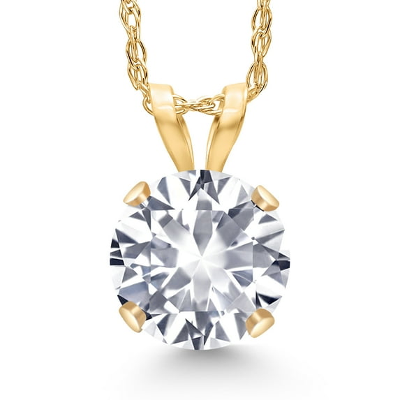 Gem Stone King 14K Yellow Gold White Created Sapphire Pendant Necklace for Women | 1.00 Cttw | Gemstone September Birthstone | Round 6MM | With 18 inch Chain