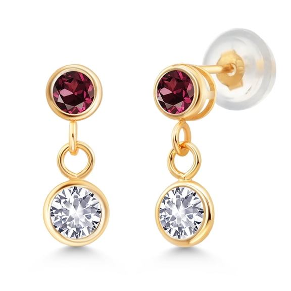 Gem Stone King 14K Yellow Gold White Created Sapphire and Red Rhodolite Garnet Drop Dangle Earrings for Women (0.74 Cttw, Gemstone Birthstone, Round 4MM and 3MM)