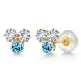 thumbnail image 1 of Gem Stone King 14K Yellow Gold White Created Sapphire and Swiss Blue Topaz Three Stone Stud Earrings for Women (0.82 Cttw, Gemstone September Birthstone, Round 3MM), 1 of 4