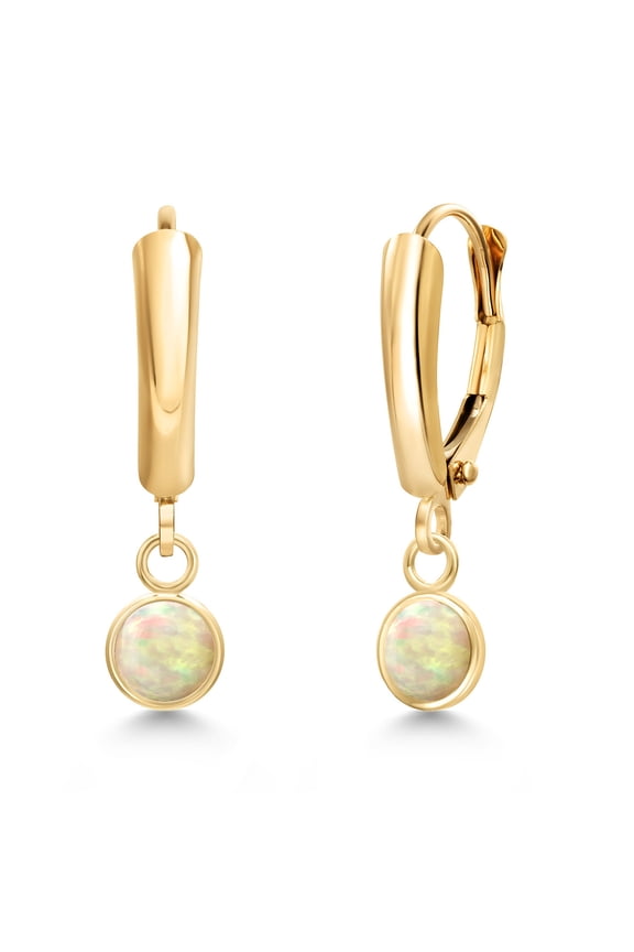 14K Yellow Gold White Ethiopian Opal Dangle Earrings for Women | 0.60 Cttw | Gemstone October Birthstone | Round Cabochon 5MM