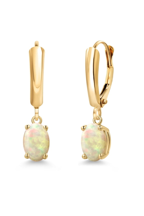 14K Yellow Gold White Ethiopian Opal Dangle Earrings for Women | 1.02 Cttw | Gemstone October Birthstone | Oval Cabochon 7X5MM