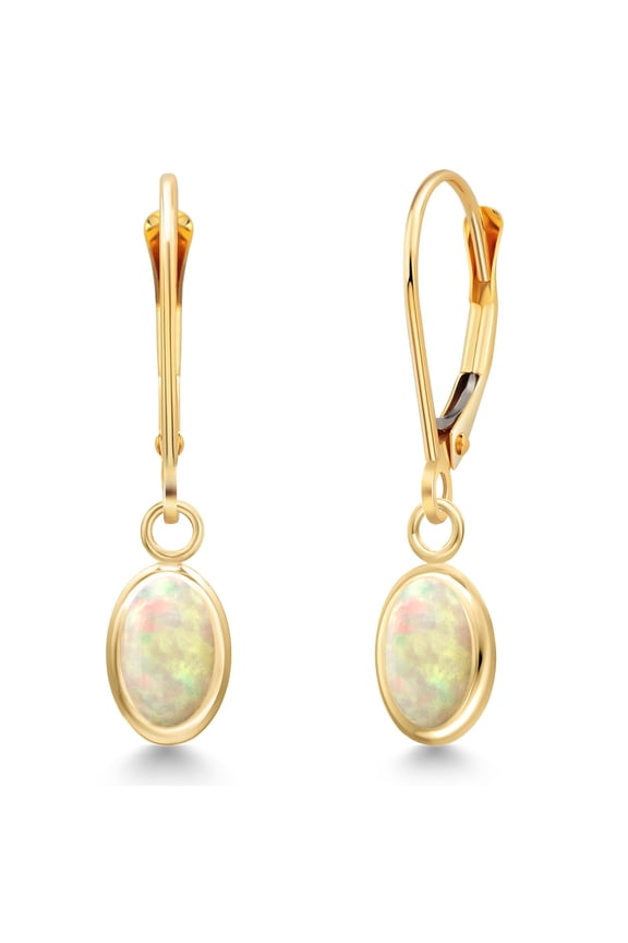 14K Yellow Gold White Ethiopian Opal Dangle Earrings for Women | 1.02 Cttw | Gemstone October Birthstone | Oval Cabochon 7X5MM