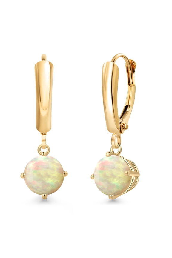 14K Yellow Gold White Ethiopian Opal Dangle Earrings for Women | 1.12 Cttw | Gemstone October Birthstone | Round Cabochon 6MM