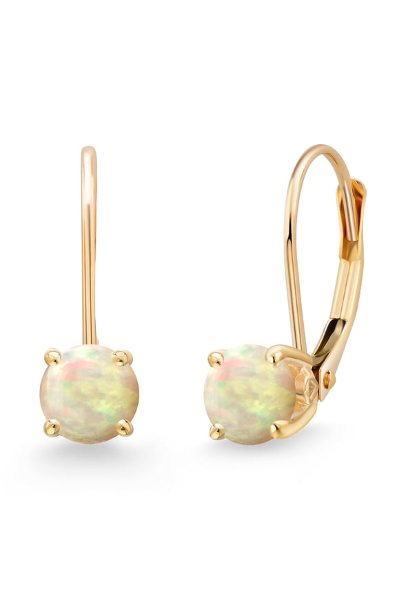 14K Yellow Gold White Ethiopian Opal Earrings for Women | 0.60 Cttw | Gemstone October Birthstone | Round Cabochon 5MM