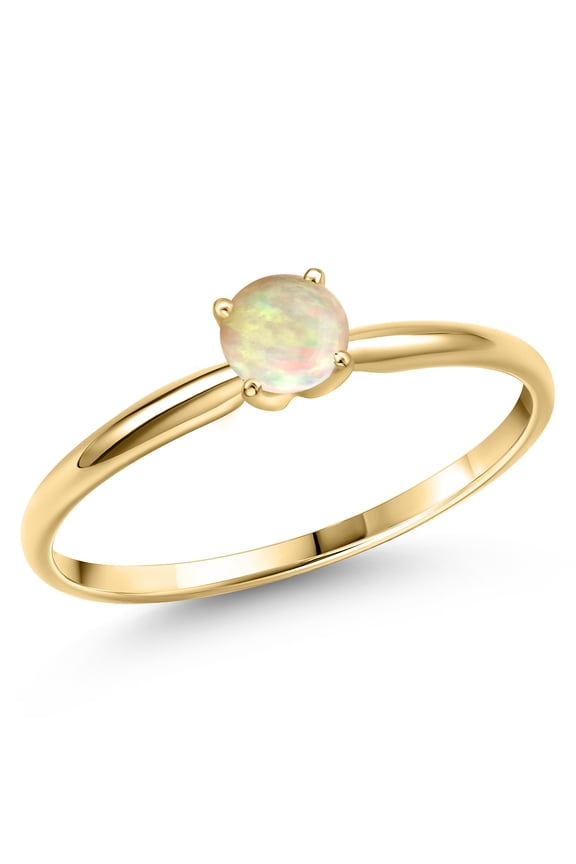 14K Yellow Gold White Ethiopian Opal Engagement Ring for Women | 0.30 Cttw | Round Cabochon 5MM | Gemstone October Birthstone | Size 8