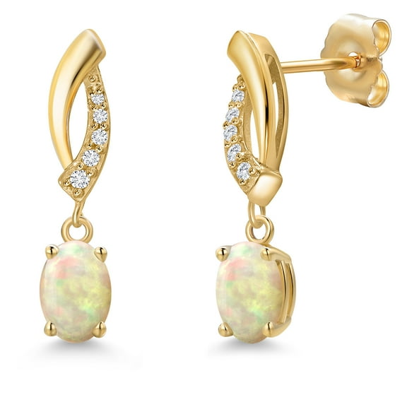 Gem Stone King 14K Yellow Gold White Ethiopian Opal and Lab Grown Diamond Earrings for Women | 0.69 Cttw | Gemstone October Birthstone | Oval Cabochon 6X4MM