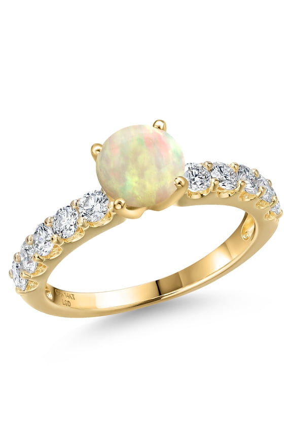 14K Yellow Gold White Ethiopian Opal and Lab Grown Diamond Engagement Ring for Women | 1.21 Cttw | Round Cabochon 6MM | Gemstone October Birthstone | Size 9