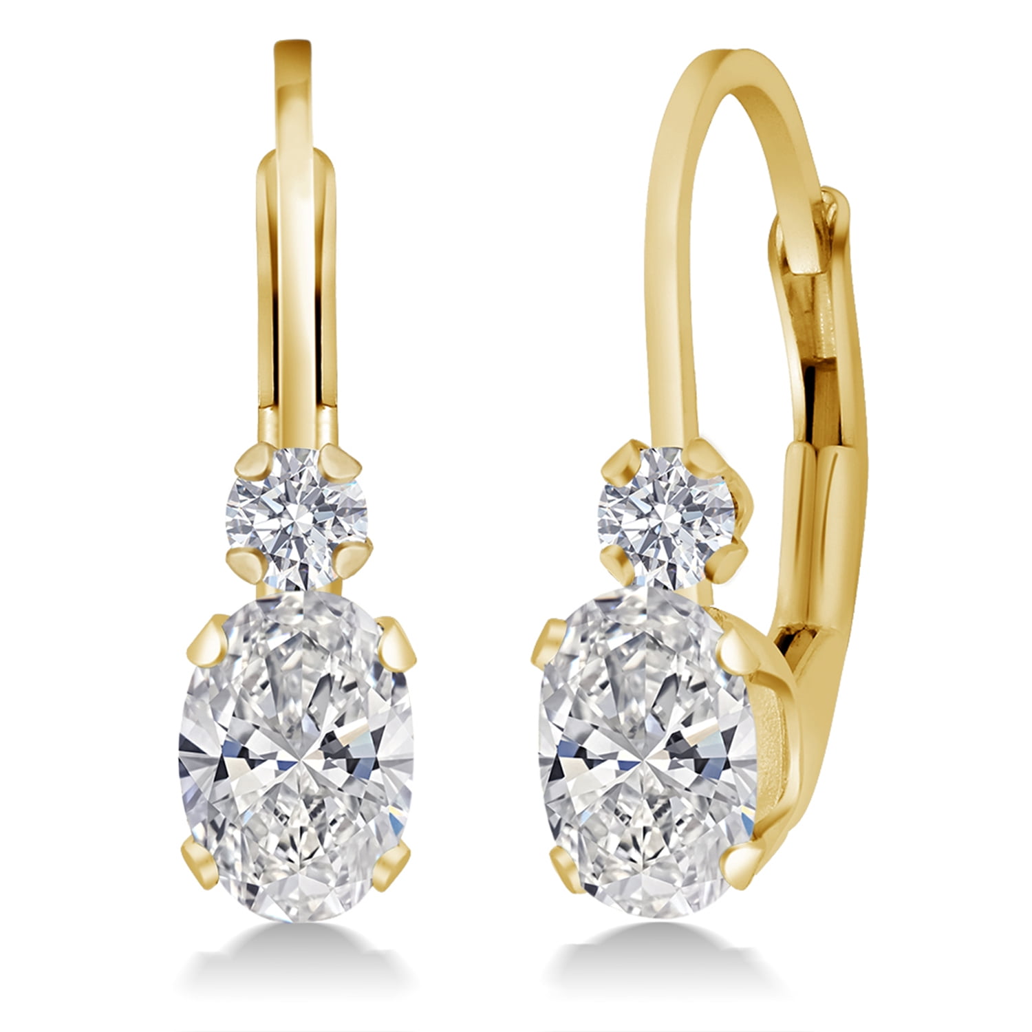 Gem Stone King 14K Yellow Gold White Lab Grown Diamond Leverback Earrings for Women | 0.86 Cttw | Oval 6X4MM and Round 2MM | DEF Color | VVS-VS Clarity | 3/4 inch