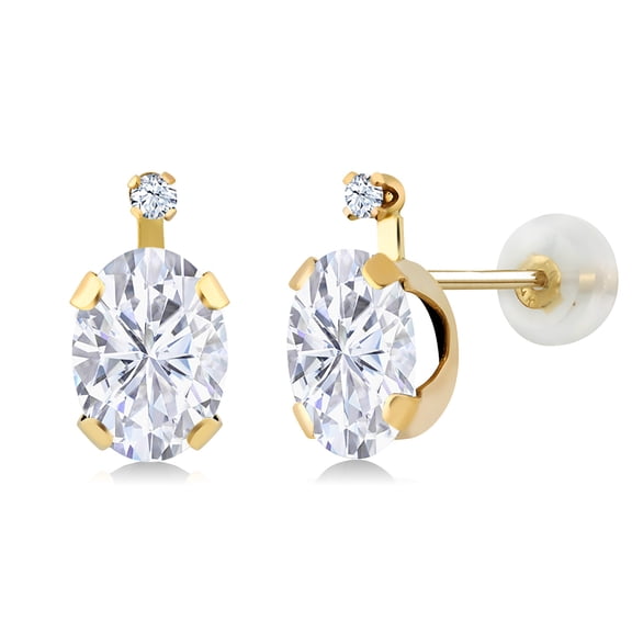 Gem Stone King 14K Yellow Gold White Moissanite from Charles & Colvard and White Created Sapphire Earrings for Women (1.82 Cttw, Gemstone Birthstone, Oval 7X5MM)