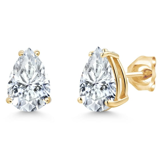 Gem Stone King 14K Yellow Gold White Moissanite Double Notch Stud Earrings | 2.64 Cttw | Gemstone Birthstone | Pear Shape 9X6MM | Gold Earrings for Women Men