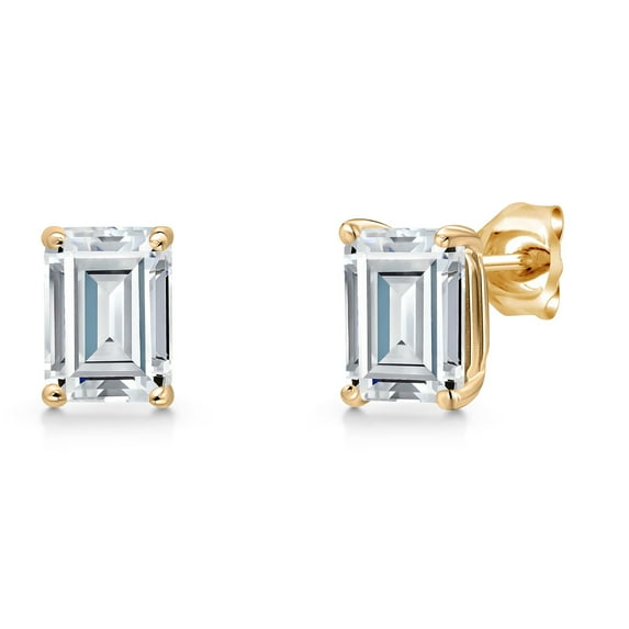 Gem Stone King 14K Yellow Gold White Moissanite Double Notch Stud Earrings for Women Men | 2.00 Cttw | Gemstone Birthstone | Emerald Cut 7X5MM | Basket Setting | Gold Earrings for Women Men